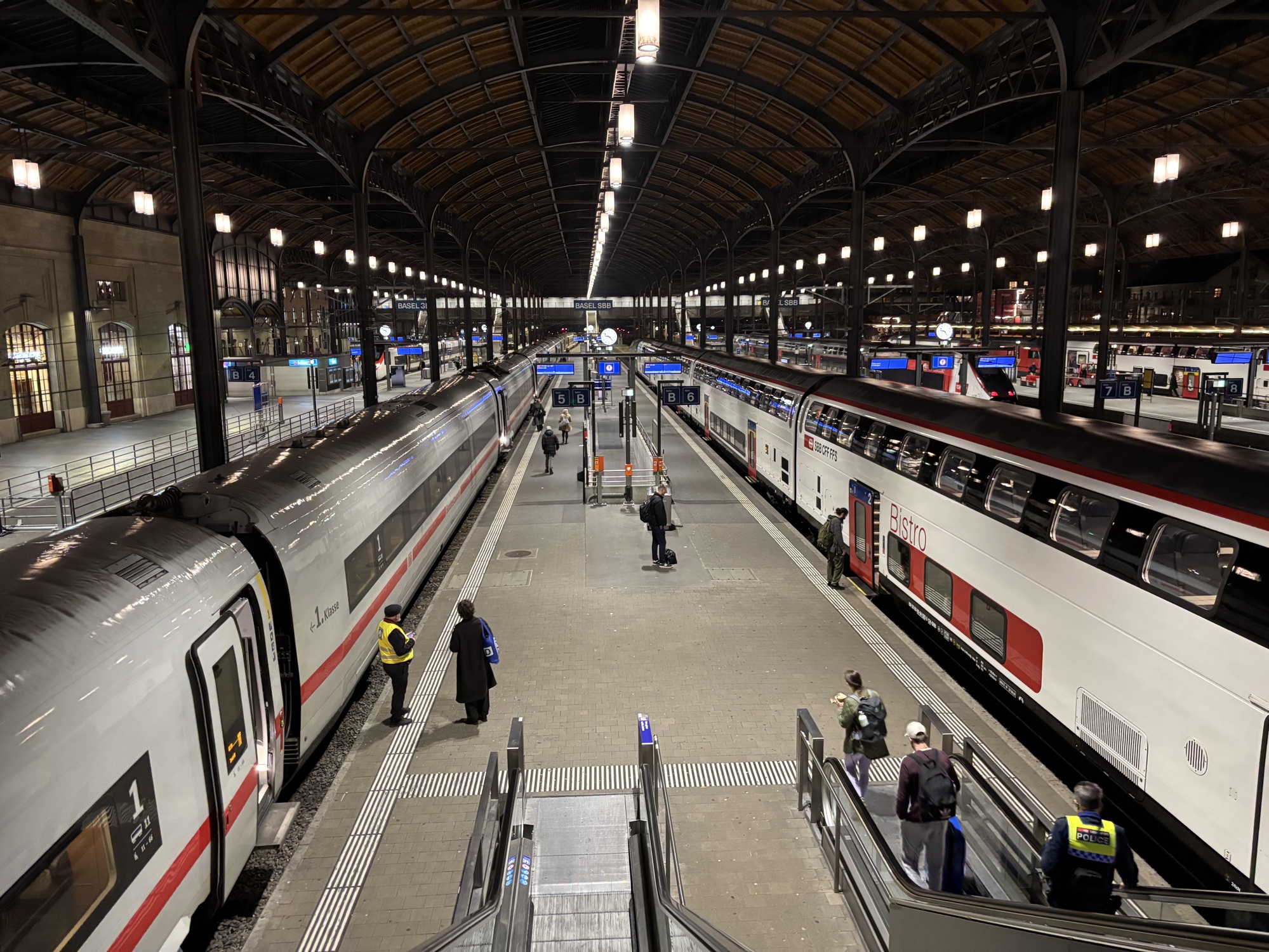 Tågstationen i Basel, fotograferad från ovan. En perrong med två tåg inne på båda spåren och några passagerare på väg av och på.